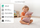 A toddler in an orange shirt sits on a white carpet in a bright room, hugging a dusty pink pillow. A large text panel on the left lists product certifications including OEKO-TEX Certified, Non-Toxic, Safe & Healthy, Free of Chemical Flame Retardants, Meets or Exceeds All ASTM Standards, and Limited 90 Day Warranty. 21-Plush Comfort Toddler Pillow