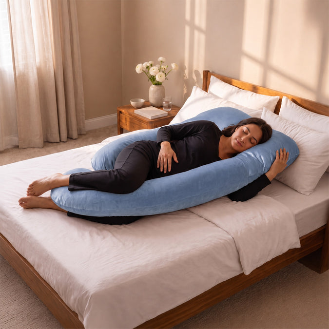 A woman lies on a light blue U-shaped body pillow on a bed with white linens in a softly lit bedroom. The pillow is shown in use to support pregnancy or comfort, with a wooden headboard, white pillows, and a bedside table visible. 47-U-Shaped Pregnancy Pillow with Customizable Head Pillow