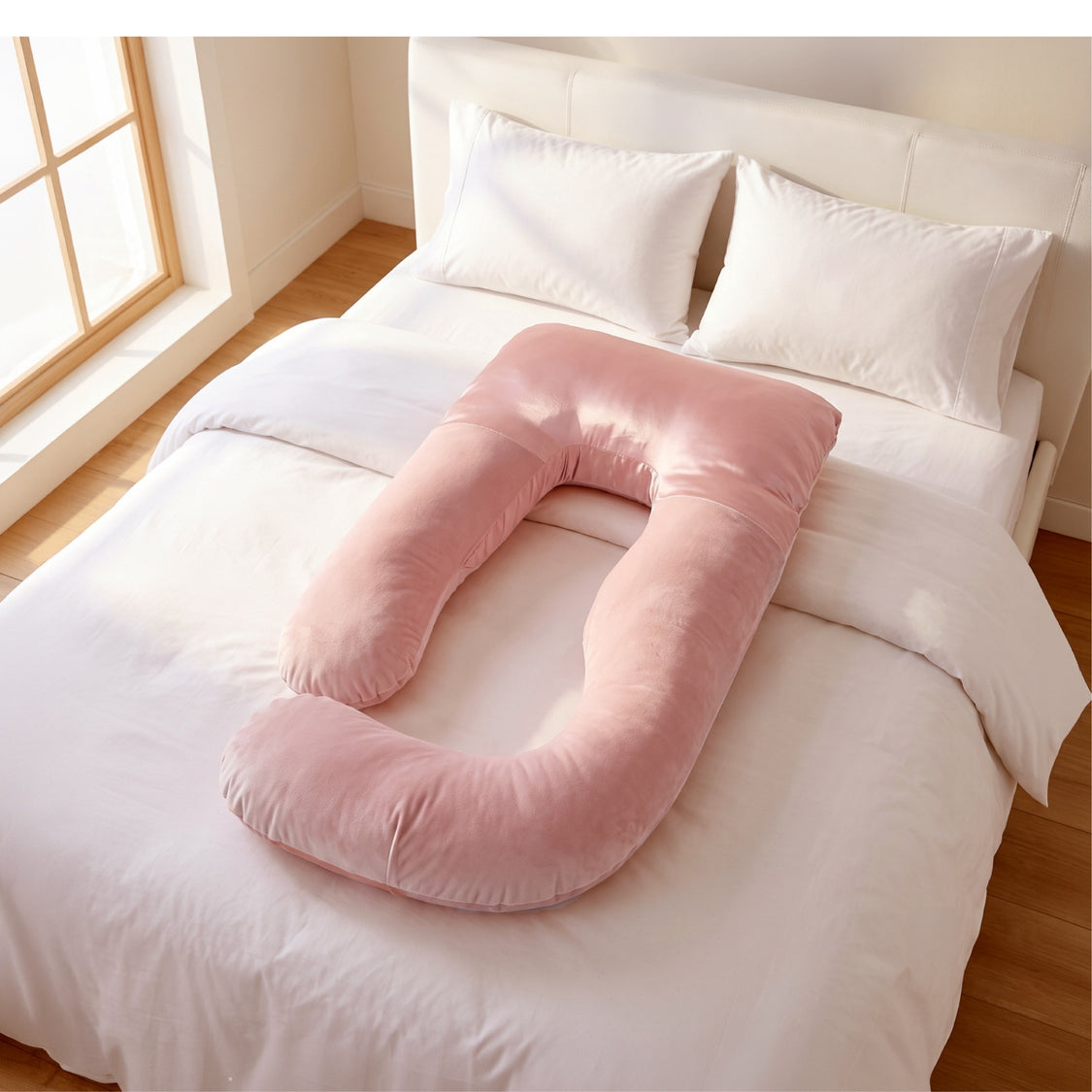 A pink U-shaped body pillow resting on a neatly made bed with white linens and pillows in a bright bedroom.