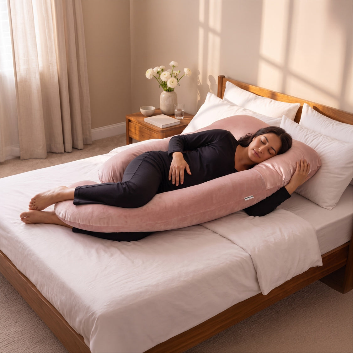 A woman lies on a large pink maternity support pillow on a bed with white linens, in a softly lit bedroom with a wooden headboard and bedside table.