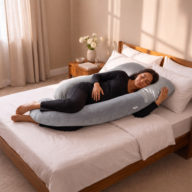 A woman lies on a large light gray U-shaped maternity support pillow on a bed with white linens and a wooden headboard in a softly lit bedroom. 43-U-Shaped Pregnancy Pillow with Customizable Head Pillow