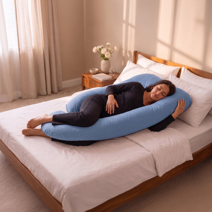 A woman lies on a large U-shaped blue support pillow on a neatly made bed with white linens, in a softly lit bedroom. 45-U-Shaped Pregnancy Pillow