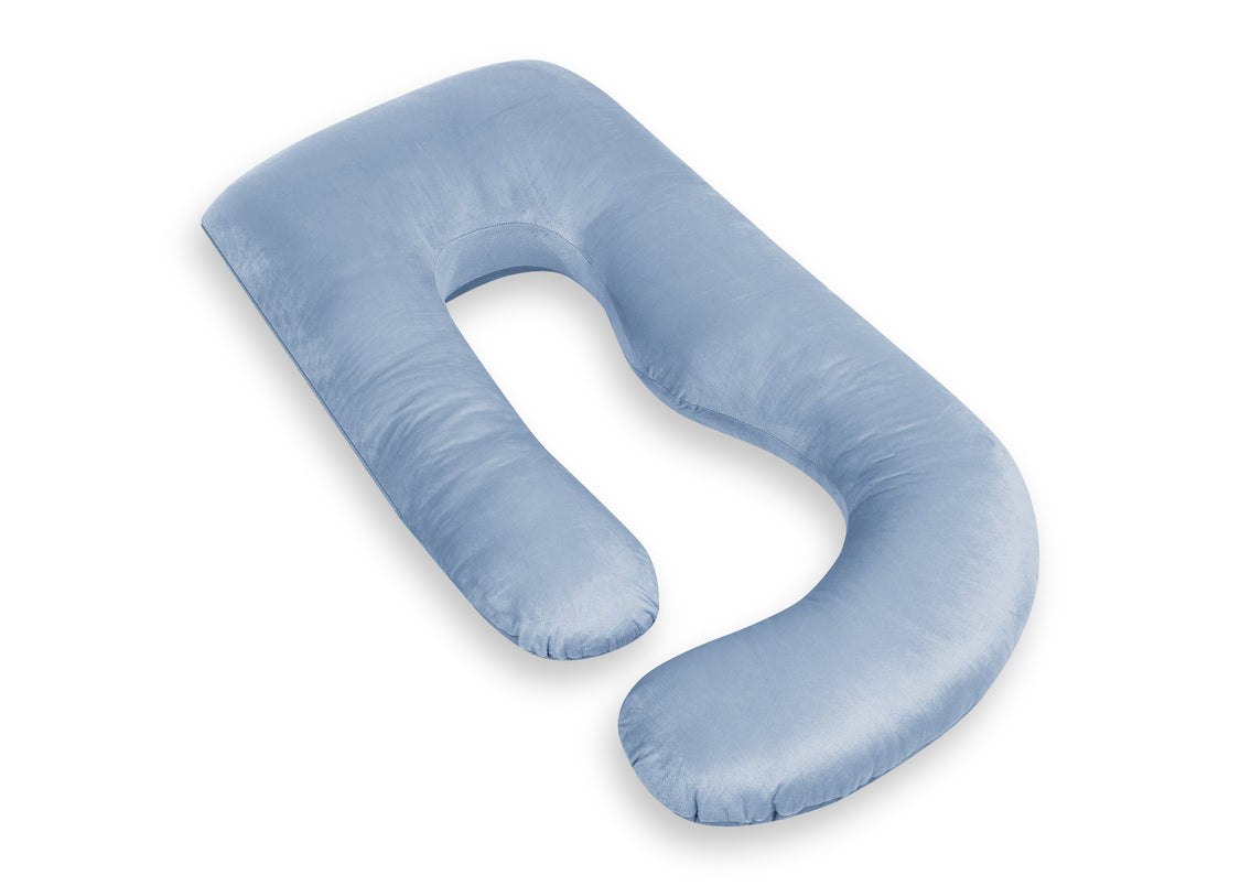 A light blue U-shaped nursing pillow with a plush, velvety texture, shown on a clean white background.
