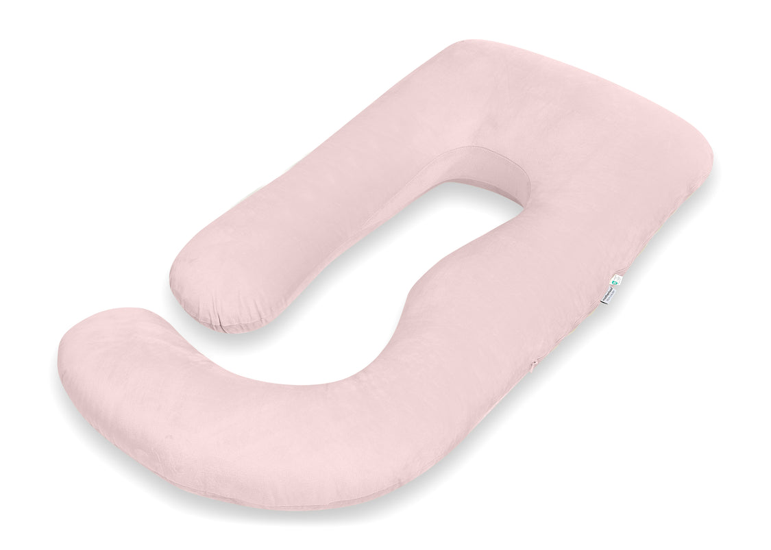 A light pink U-shaped baby support pillow with a plush, soft texture, shown on a clean white background.