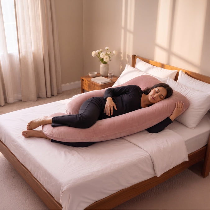 A woman lies on a pink U-shaped pregnancy support pillow on a bed with white linens in a softly lit bedroom. 41-U-Shaped Pregnancy Pillow