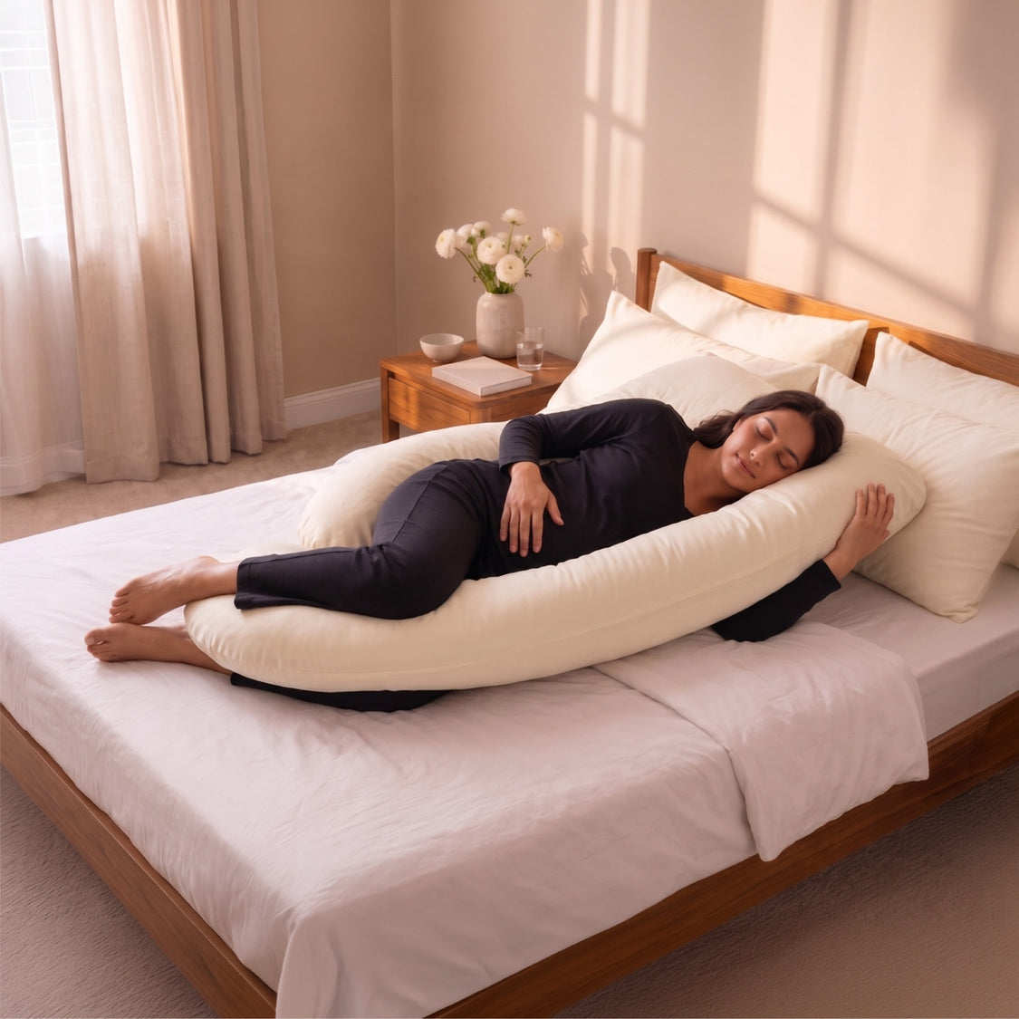 A woman lies on a large cream maternity support pillow on a neatly made bed in a warm, softly lit bedroom.