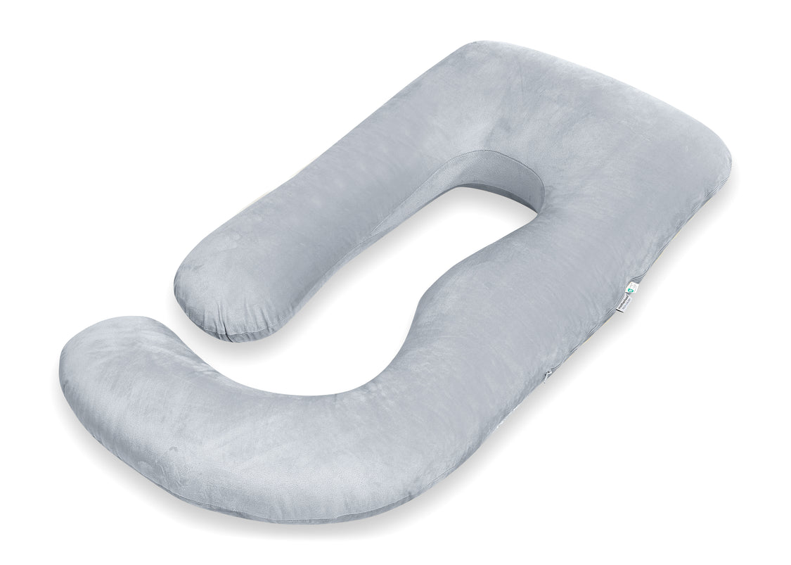 A light gray U-shaped nursing pillow with a plush, soft texture, shown on a clean white background.