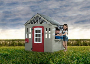 Grey (1636) 0-MySize Deluxe Outdoor Playhouse with Play Sink with Running Water, Picnic Table & Mailbox