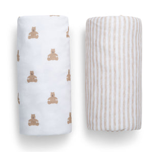 DCB: Tan Teddy Bears & Stripes (2407) 6-babyGap Tan Teddy Bears & Stripes 100% Organic Cotton Crib Sheets - 2 Pack