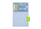 Simmons mattress topper packaging with product details on a light blue background 7-Simmons Kids® Soothing Nights 3-inch Mini/Portable Crib Mattress