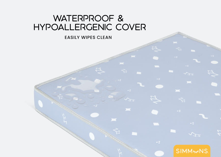 Mattress cover with waterproof and hypoallergenic features on a white background 5-Simmons Kids® Soothing Nights 3-inch Mini/Portable Crib Mattress