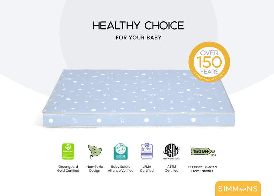 Baby mattress with certification logos on a white background 4-Simmons Kids® Soothing Nights 3-inch Mini/Portable Crib Mattress