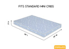 Measurement chart for a mattress that fits standard mini cribs with dimensions labeled. 6-Simmons Kids® Soothing Nights 3-inch Mini/Portable Crib Mattress