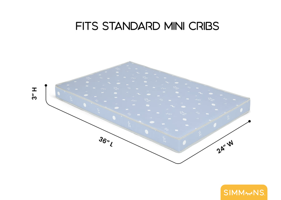Measurement chart for a mattress that fits standard mini cribs with dimensions labeled. 6-Simmons Kids® Soothing Nights 3-inch Mini/Portable Crib Mattress