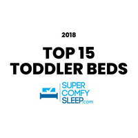 Text '2018 Top 15 Toddler Beds' with Super Comfy Sleep logo on a white background