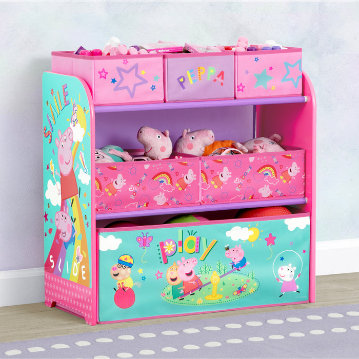 Children's toy storage unit with Peppa Pig design on a light gray floor. 1-Peppa Pig Design & Store 6 Bin Toy Storage Organizer