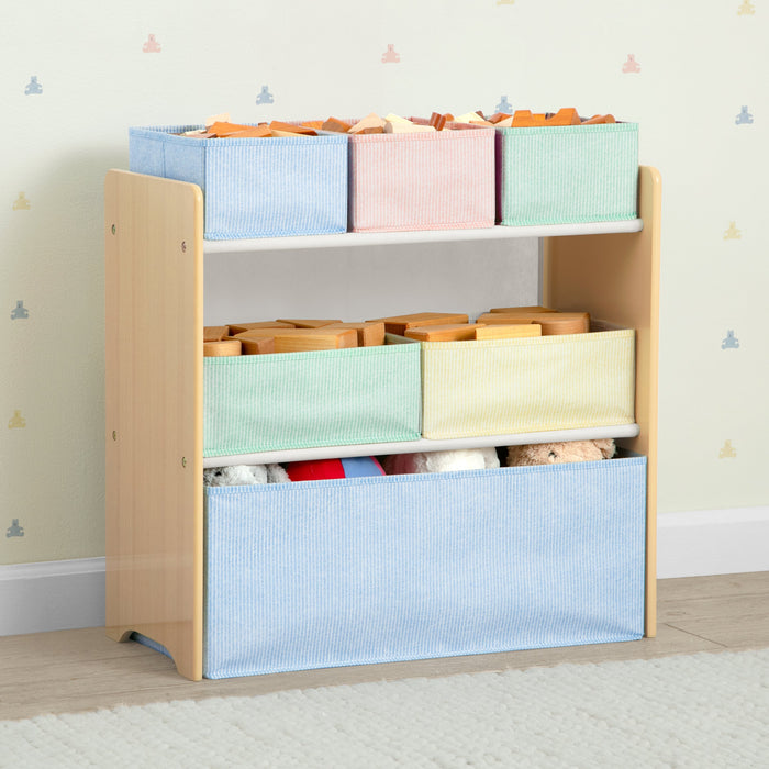 Children's storage unit with colorful bins against a light-colored wall. 0-GapKids 6 Bin Toy Organizer
