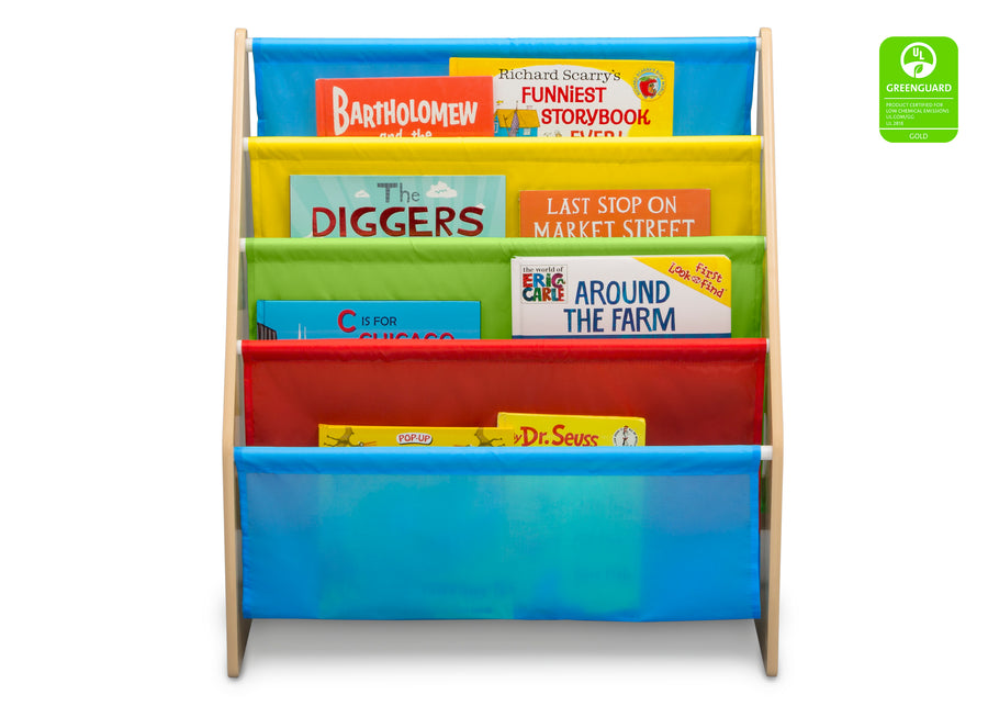 Delta Children Natural/Primary (1189) Sling Book Rack Bookshelf for Kids, Front Silo View with Props Natural and Primary Colors (1189) 14-Sling Book Rack Bookshelf for Kids