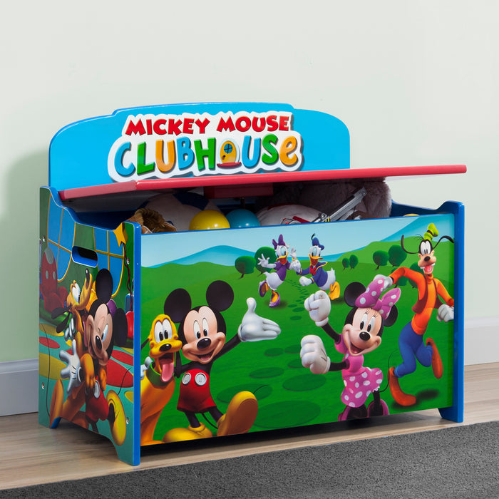 A colorful toy box featuring Mickey Mouse and other Disney characters, with a 'Mickey Mouse Clubhouse' title on the lid. 2-Mickey Mouse Deluxe Toy Box