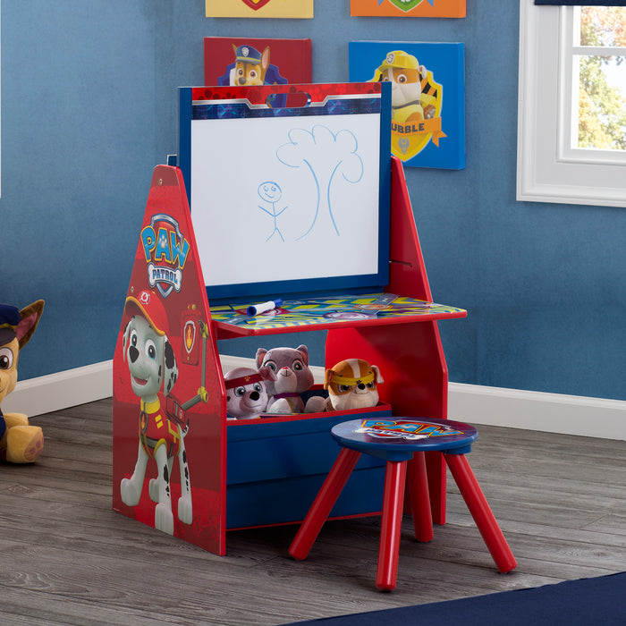 TE87595PW Paw Patrol Activity Center Easel Lifestyle 101 1-PAW Patrol Deluxe Kids Art Table - Easel, Desk, Stool, Toy Organizer