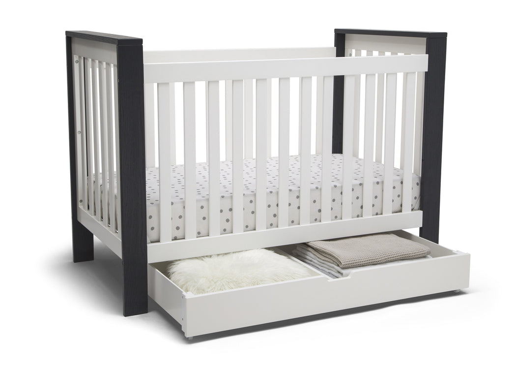 Delta Children Bianca White (130) Under Crib Roll-Out Storage, Right Crib Silo View