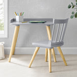 A child sitting at a gray and natural wood colored desk with a matching chair, drawing or doing homework. - Grey with Natural (1359) - Accessories