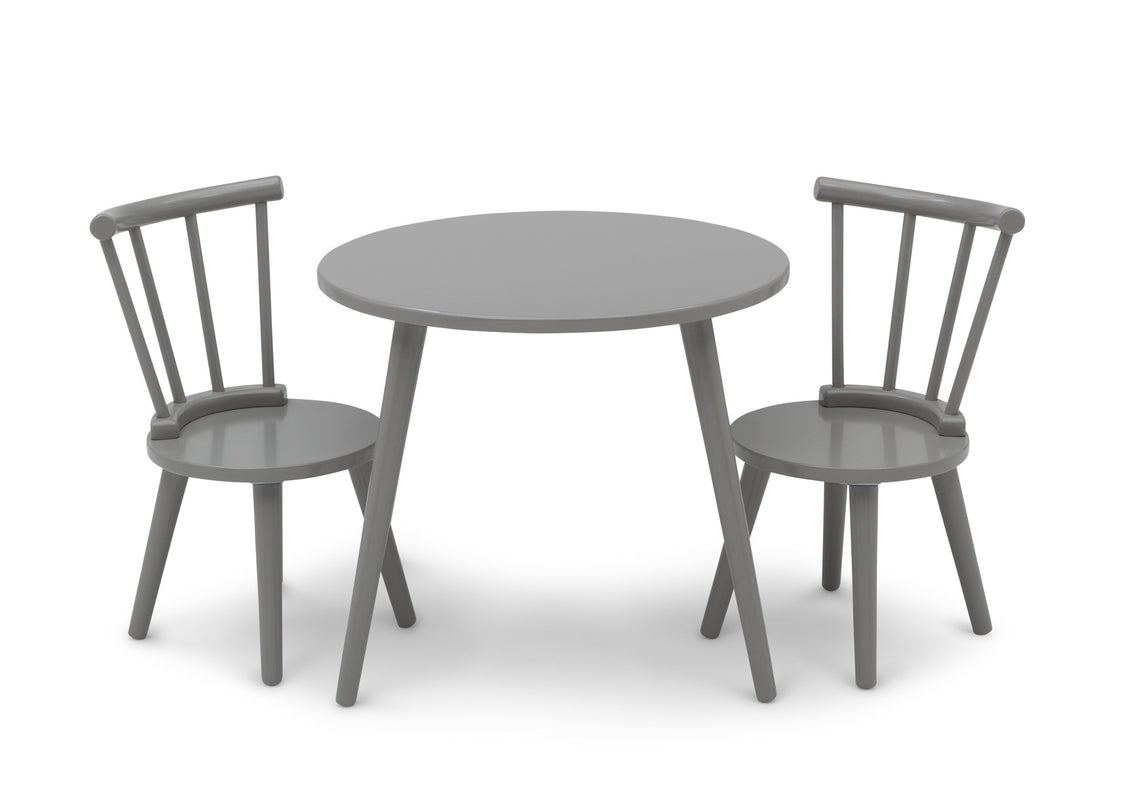 A three-piece children's dining set consisting of a round gray table and two matching spindle-back chairs, shown on a plain white background.