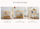 Wooden shelf with multiple uses including changing table, bedroom storage, and stationary bar cart. 69-Scout Changing Table