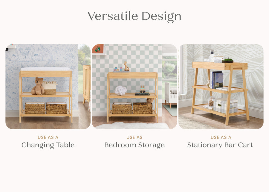 Wooden shelf with multiple uses including changing table, bedroom storage, and stationary bar cart. 69-Scout Changing Table