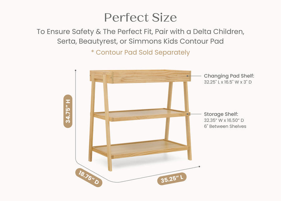 Wooden changing table with dimensions labeled on a white background 73-Scout Changing Table