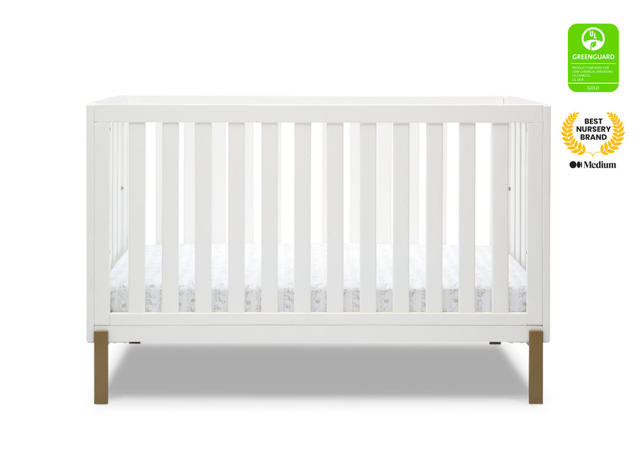 White crib with a green and gold certification badge on a white background 24-Hendrix 4-in-1 Convertible Crib