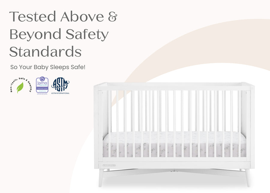 White crib with safety certification logos on a white background 14-Dylan 4-in-1 Convertible Crib