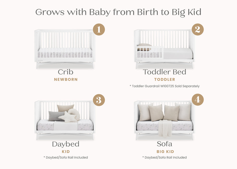Stages of a multi-functional piece of furniture from crib to sofa, with text indicating growth stages. 15-Dylan 4-in-1 Convertible Crib