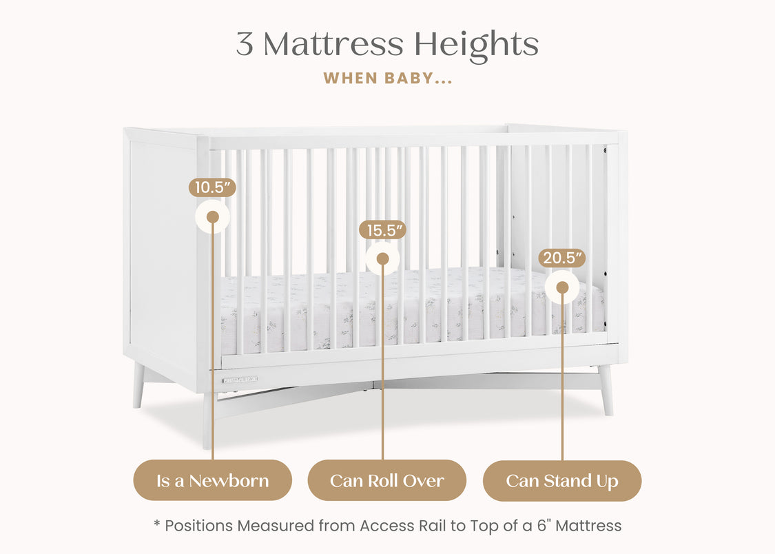 Diagram showing three mattress heights for a crib with measurements labeled for newborn, rolling over, and standing up.