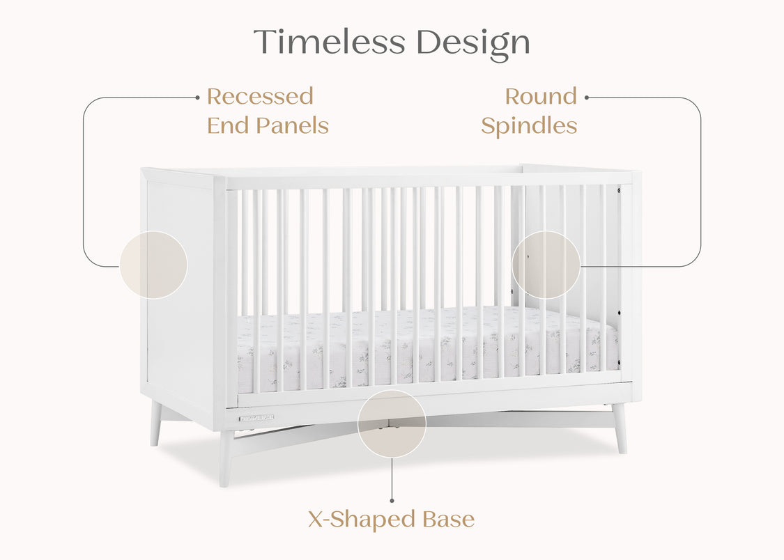 White crib with labeled design features on a white background