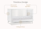 White crib with labeled design features on a white background 17-Dylan 4-in-1 Convertible Crib