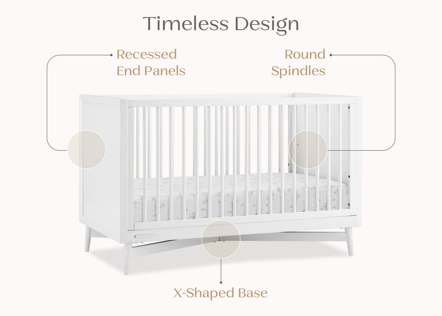 White crib with labeled design features on a white background 17-Dylan 4-in-1 Convertible Crib
