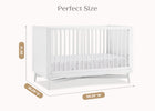 White crib with dimensions labeled on a white background 18-Dylan 4-in-1 Convertible Crib