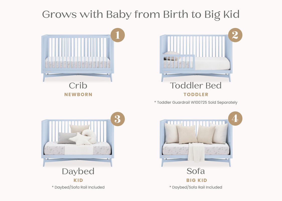 Stages of a multi-purpose furniture piece from crib to sofa, labeled with text indicating use from newborn to big kid.