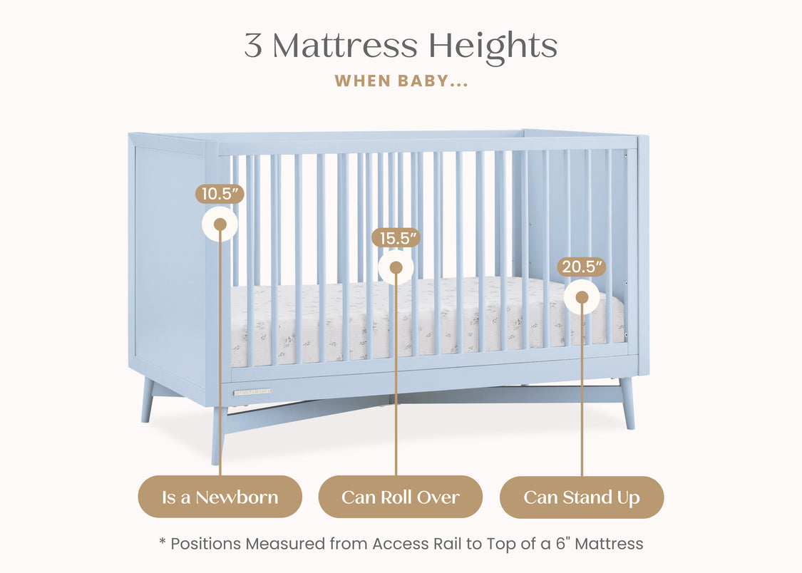 Diagram showing different mattress heights for a crib with measurements from newborn to when baby can stand up.