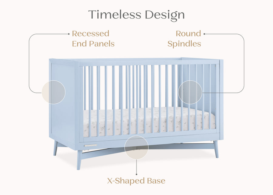 Blue crib with highlighted design features on a white background 33-Dylan 4-in-1 Convertible Crib