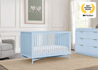 Light blue nursery furniture set with a crib and dresser in a room with a 'Best Nursery Brand' award displayed. 36-Dylan 4-in-1 Convertible Crib