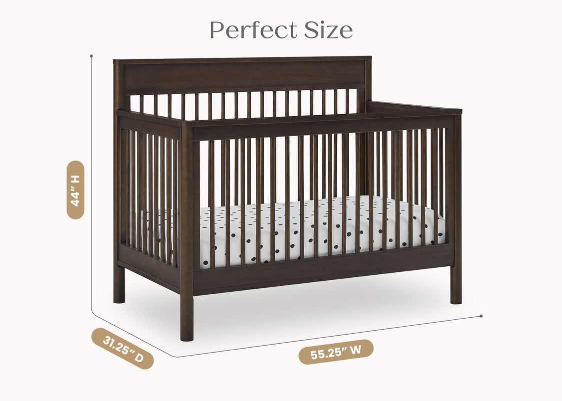 Wooden crib with dimensions labeled on a white background