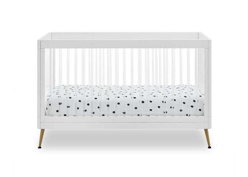 White crib with a polka dot mattress on a white background 11-Sloane 4-in-1 Acrylic Convertible Crib