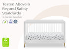 White crib with polka dot mattress cover on a white background, featuring safety certification logos. 12-Sloane 4-in-1 Acrylic Convertible Crib