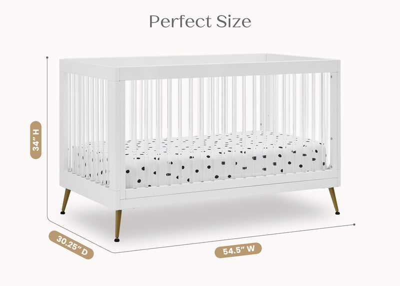 White crib with dimensions labeled on a white background 14-Sloane 4-in-1 Acrylic Convertible Crib