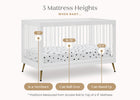Diagram showing three mattress heights for a crib with measurements labeled for newborn, can roll over, and can stand up. 15-Sloane 4-in-1 Acrylic Convertible Crib