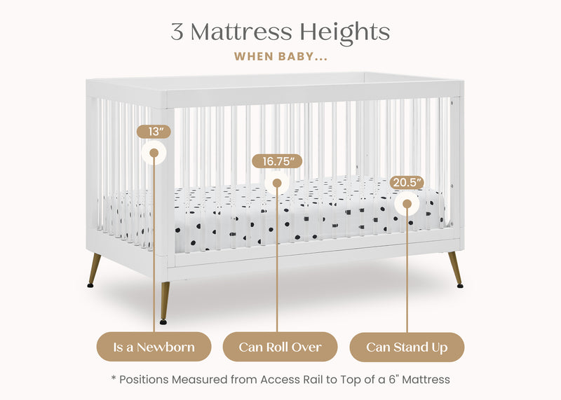 Diagram showing three mattress heights for a crib with measurements labeled for newborn, can roll over, and can stand up. 15-Sloane 4-in-1 Acrylic Convertible Crib