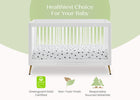 White crib with polka dot mattress on a light green background, featuring certification logos. 17-Sloane 4-in-1 Acrylic Convertible Crib
