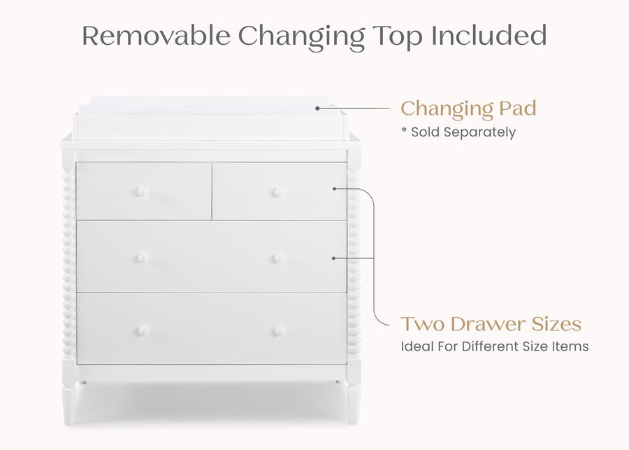 Bianca White (130) 18-Saint 4 Drawer Dresser with Changing Top and Interlocking Drawers